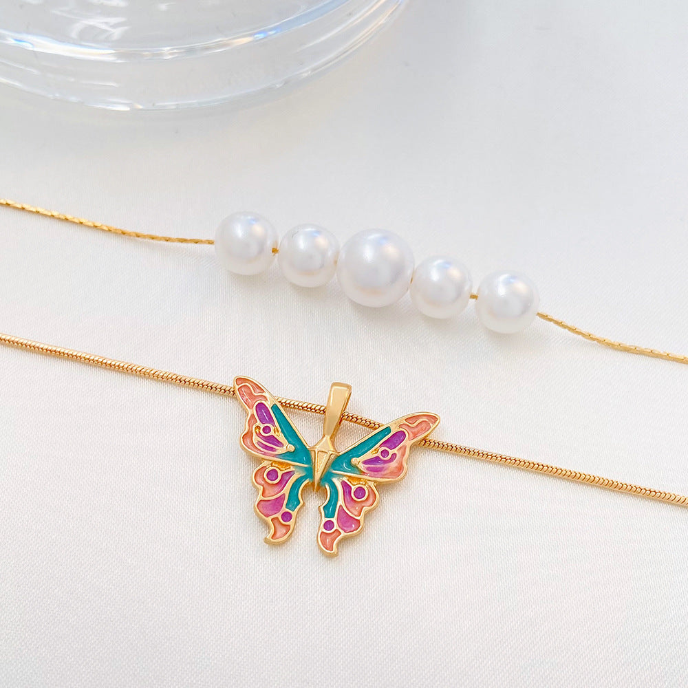 Wholesale Alloy Butterfly Necklace Pearl Double Chain Necklace