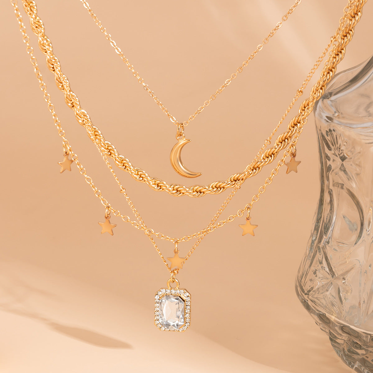 Wholesale Jewelry Alloy Stacked Square Rhinestone Pendant Moon Star Necklace