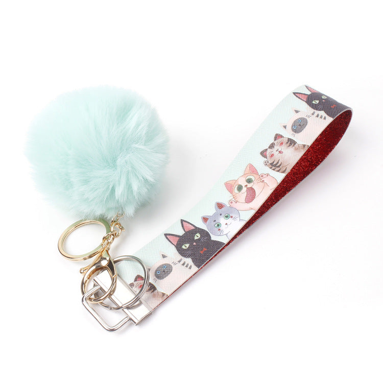 Wholesale 10pcs PU Leather Fur Ball Keychain