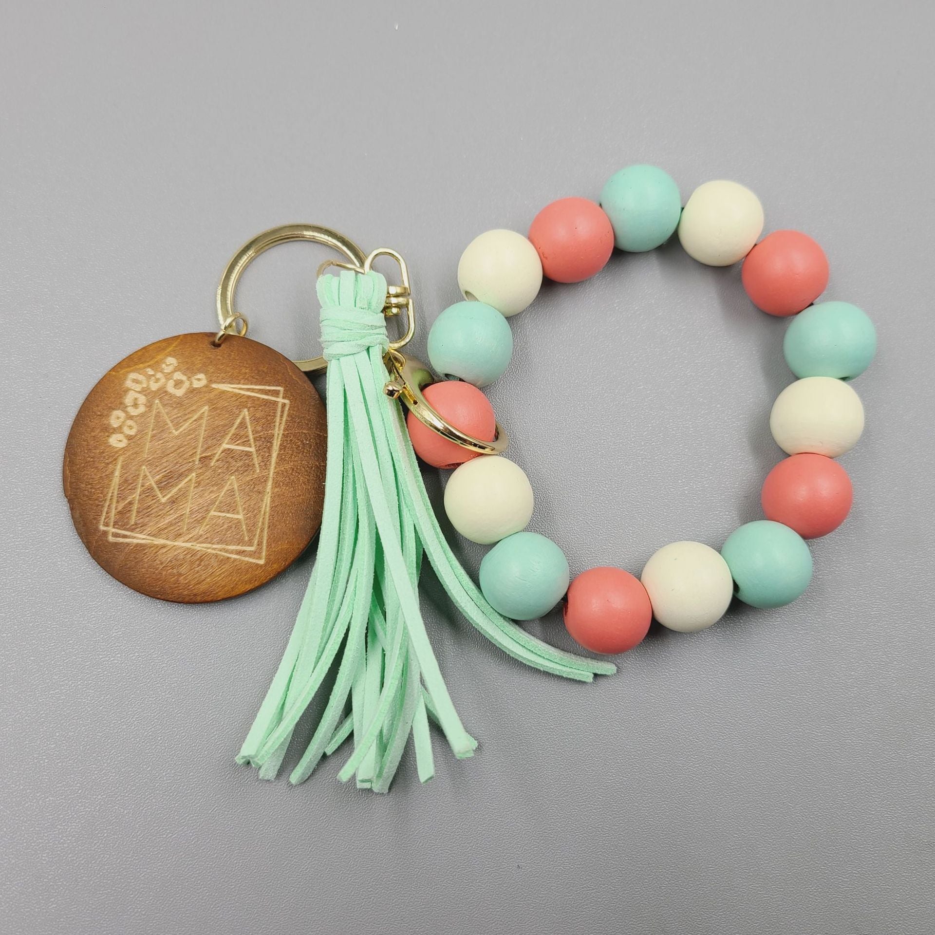 Wholesale 5pcs/pack MAMA Mother's Day Leopard Tassel Silicone Beaded Wrist Keychain