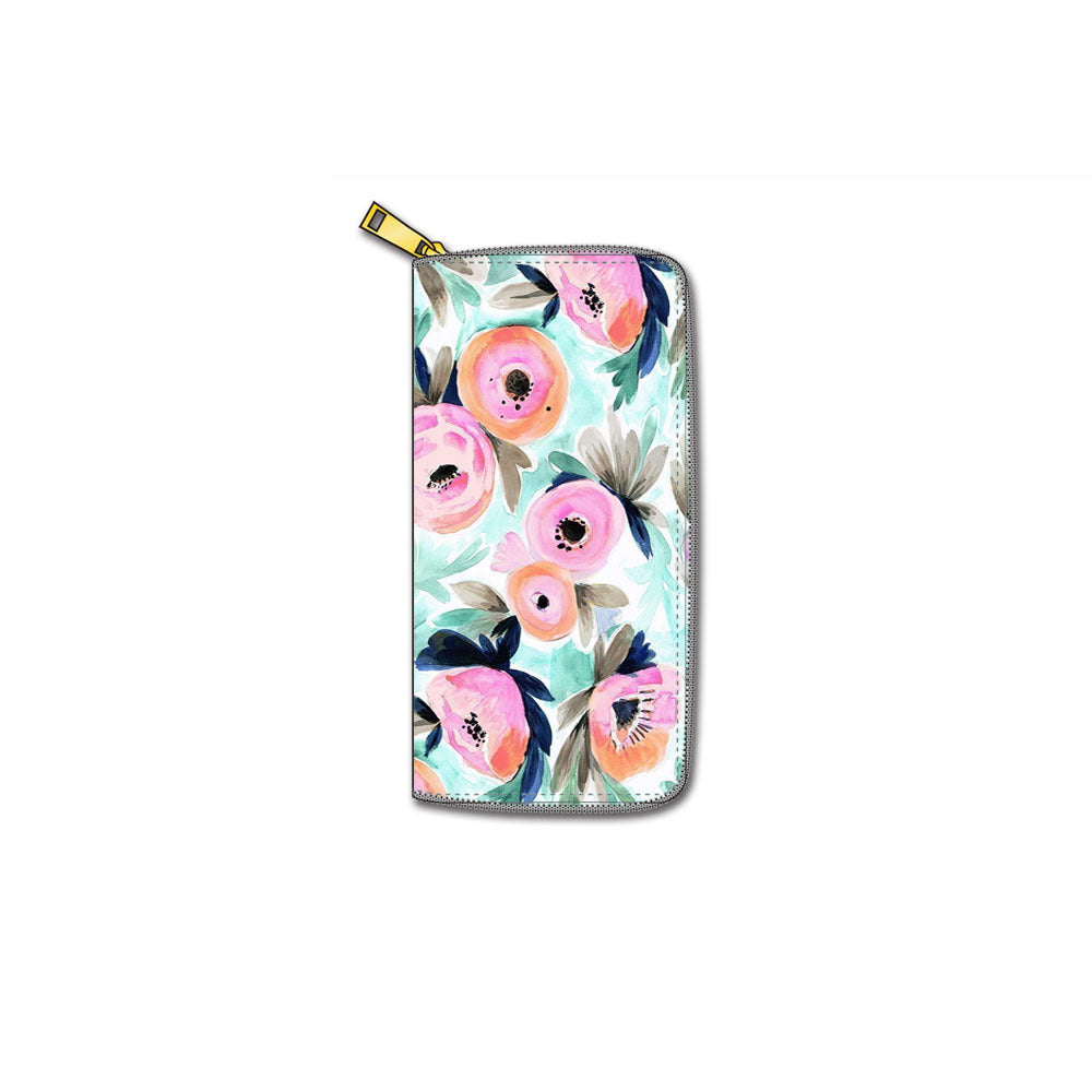 Venta al por mayor Cartera larga con cremallera de flor PU