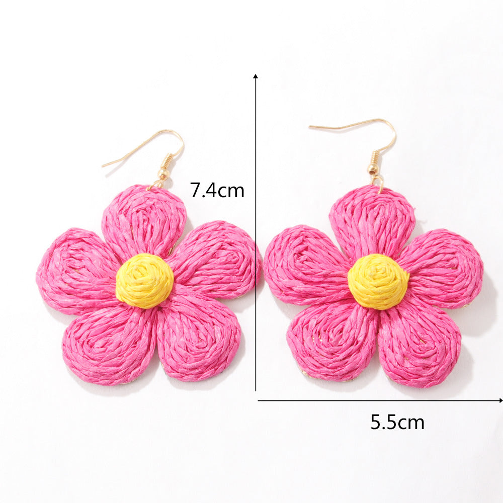 Wholesale Vacation Style Braided Flowers Straw Rope Earrings