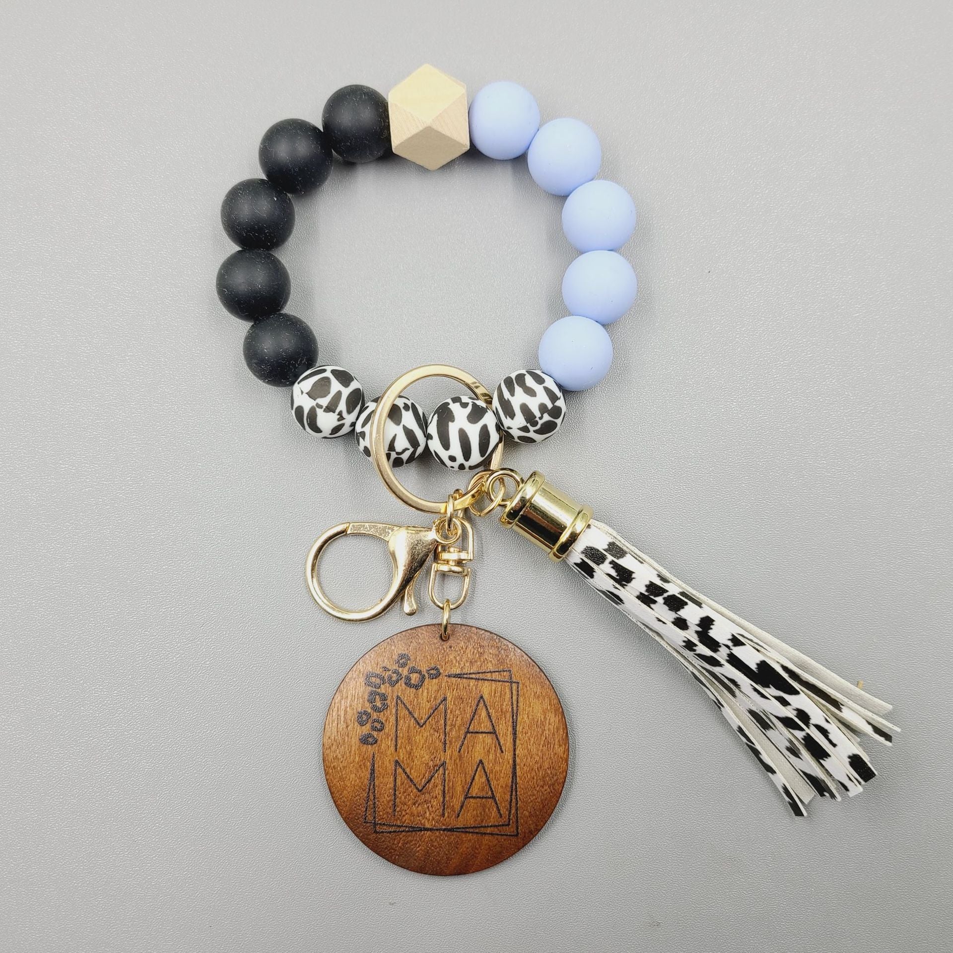 Wholesale 5pcs/pack MAMA Wooden Brand Cow Pattern Silicone Beaded Wrist Keychain