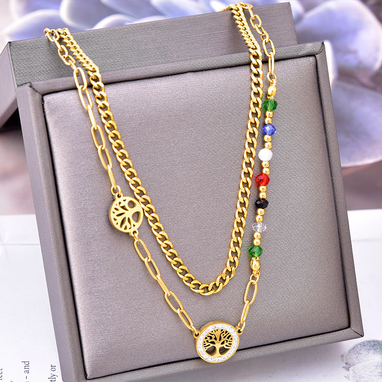Wholesale Colorful Beads Tree Of Life Pendant Titanium Steel Necklaces