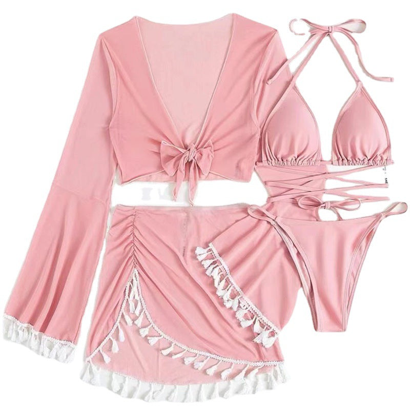 Wholesale Pure Color Fringed Mesh Blouse Short Skirt 4-Piece Set Polyester Swimwear