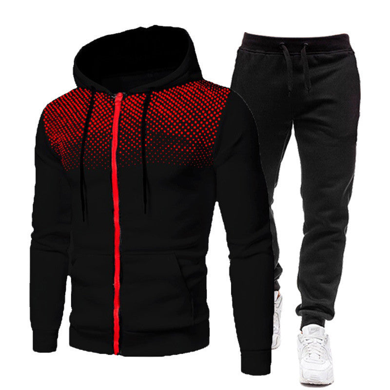 Wholesale Dot Print Solid Color Zipper Sports Hoodie Men's Sweatshirt and Sweatpants Suit