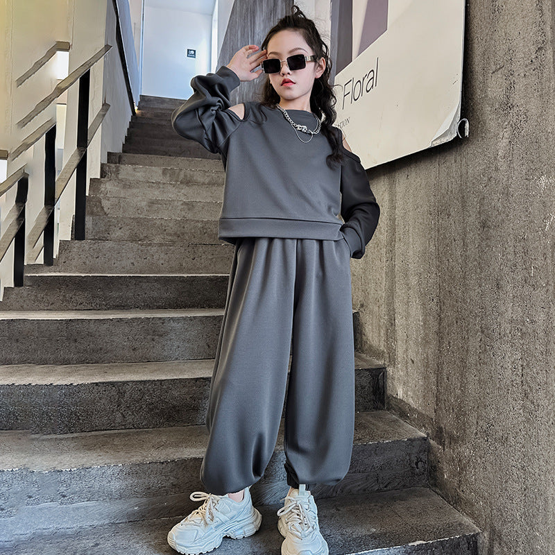 Wholesale Cotton Mid Size Children's Open Shoulder Hoodie Casual Harlan Pants Two-piece Set Trendy