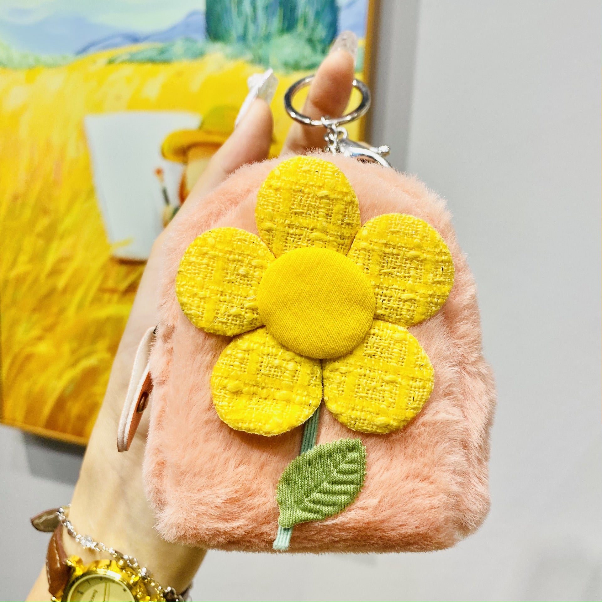 Llavero de bolso de monedas de flores de felpa al por mayor