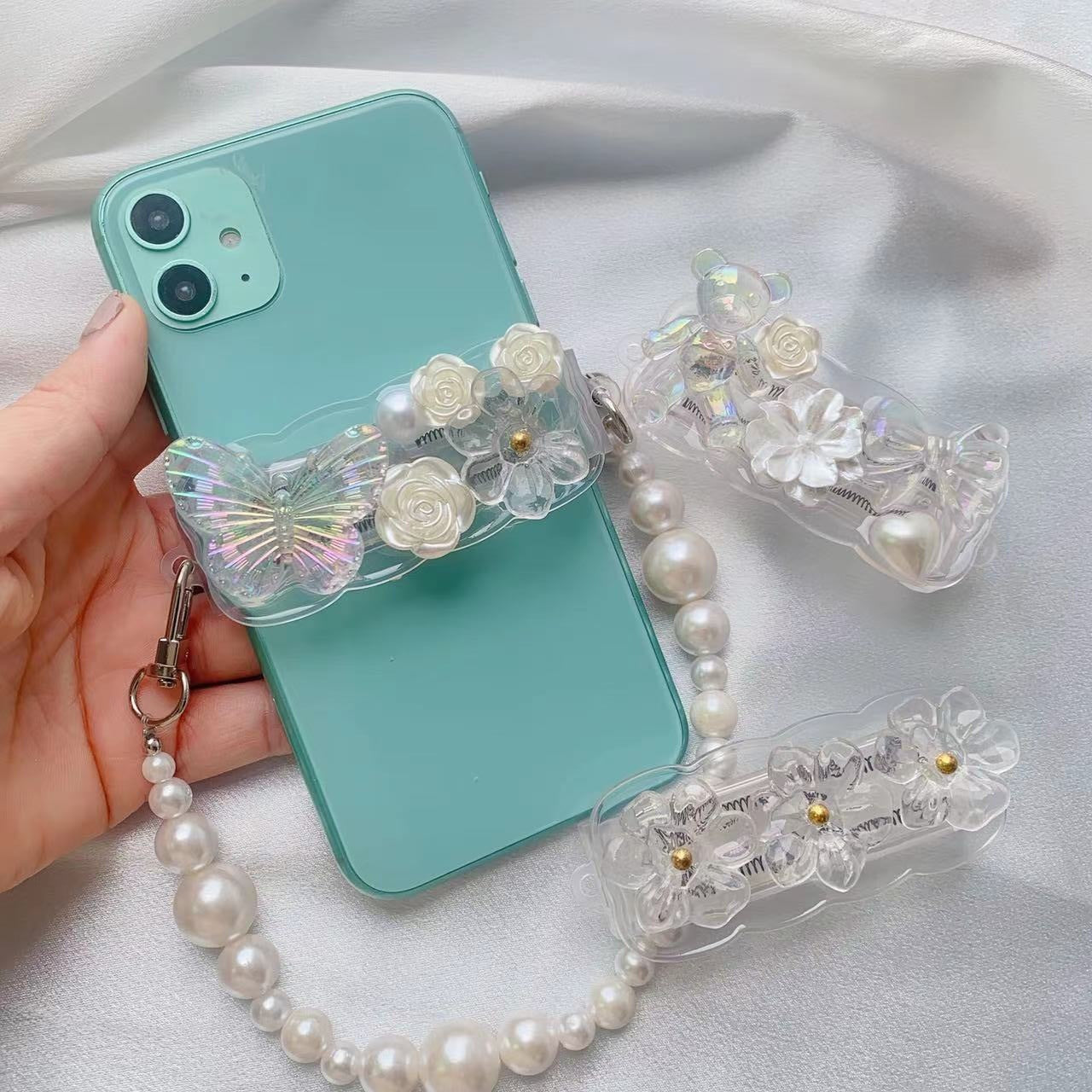 Venta al por mayor, cadena de plástico, mariposa creativa, flor de perla, carcasa de teléfono móvil, Clip trasero