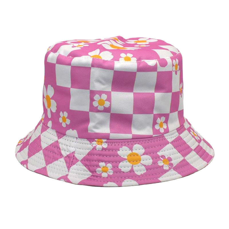 Wholesale Polyester Checkerboard Check Sunflower Flower Print Fisherman Hat