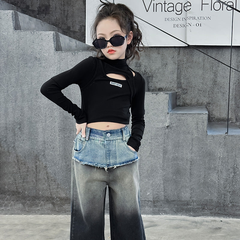 Wholesale Children's Waistband Contrasting Raw Edge Gradient Straight Wide Leg Cotton Jeans