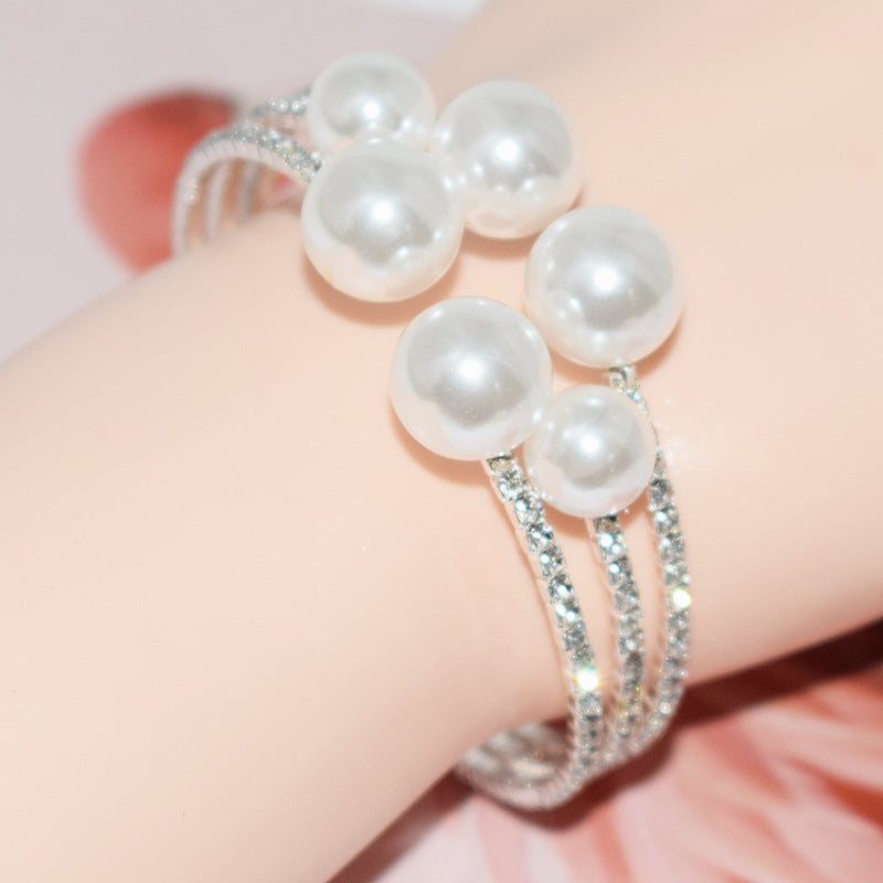 Wholesale Pearl Rhinestone Multilayer Opening Bracelet