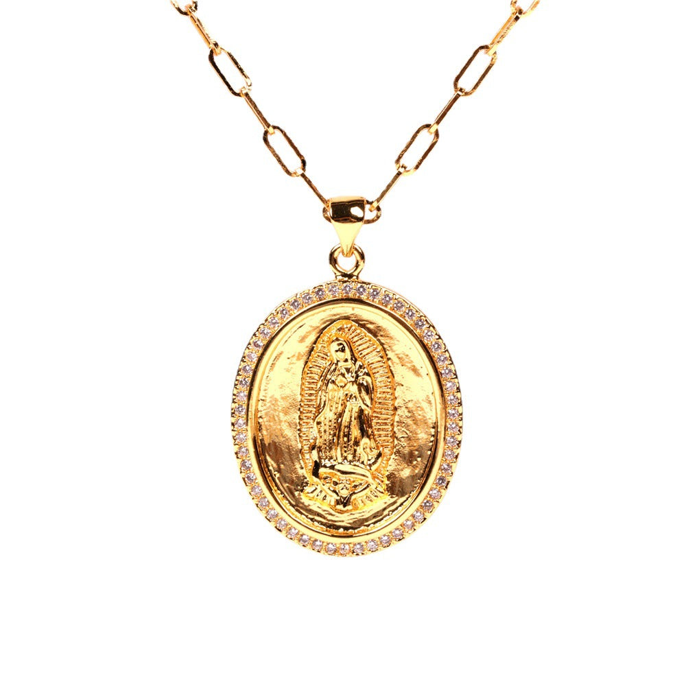 Wholesale Copper Thick Chain Round Card Diamond Creative Necklace