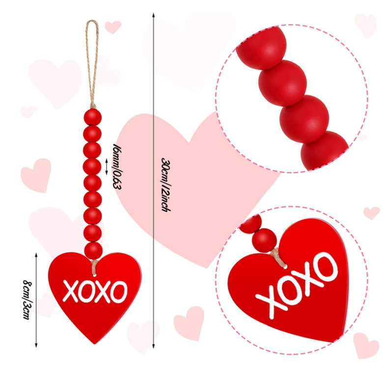 Venta al por mayor, decoración de San Valentín, cadena de cuentas de madera, decoración de pared en forma de corazón