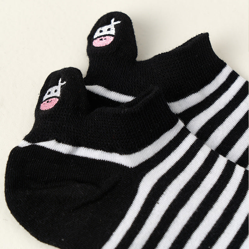 Wholesale Milk Cow Embroidered Striped Cotton Boat Sock