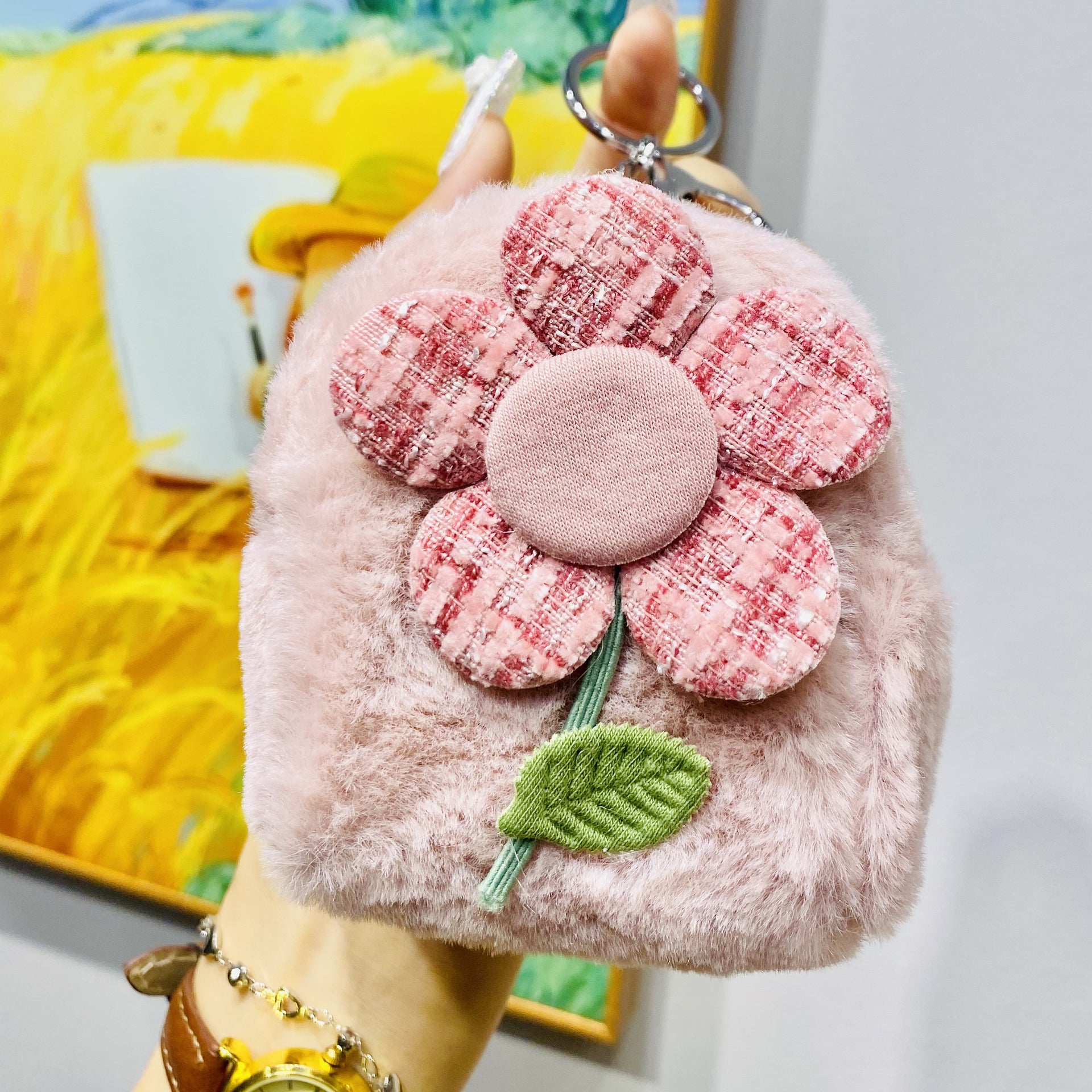 Llavero de bolso de monedas de flores de felpa al por mayor