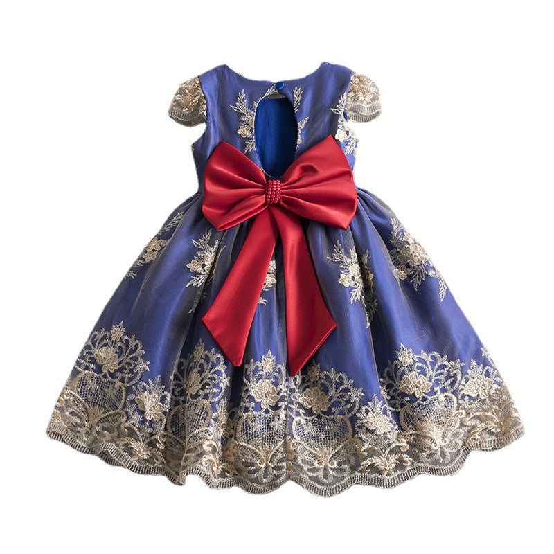 Wholesale Polyester Girls Dress Bow Embroidered Princess Dress
