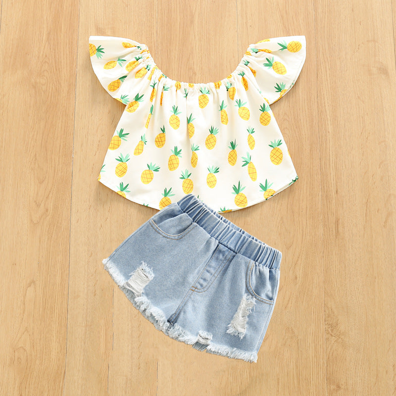 Venta al por mayor de ropa de bebé de algodón con estampado de verano para niñas, juego de dos