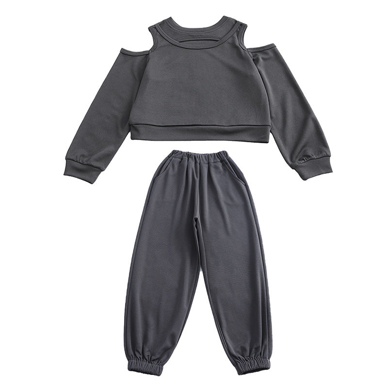 Wholesale Cotton Mid Size Children's Open Shoulder Hoodie Casual Harlan Pants Two-piece Set Trendy