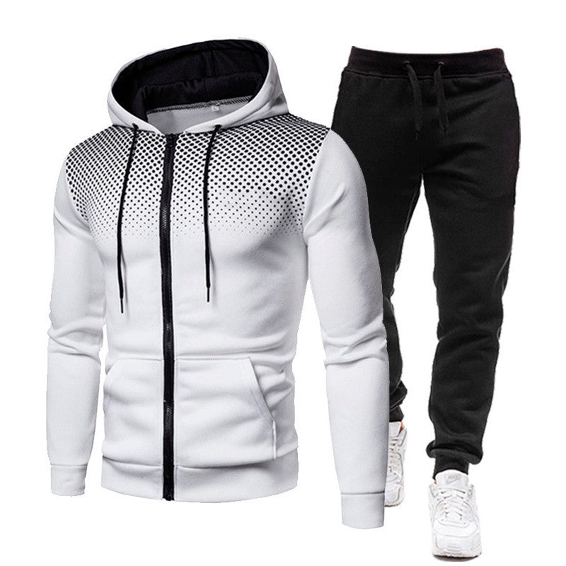 Wholesale Dot Print Solid Color Zipper Sports Hoodie Men's Sweatshirt and Sweatpants Suit