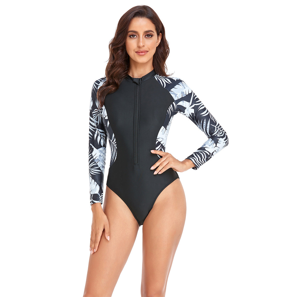 Wholesale Surf Wear Triangular One-Piece Swimsuit Long Sleeve Zipper Color Printing Swimwear