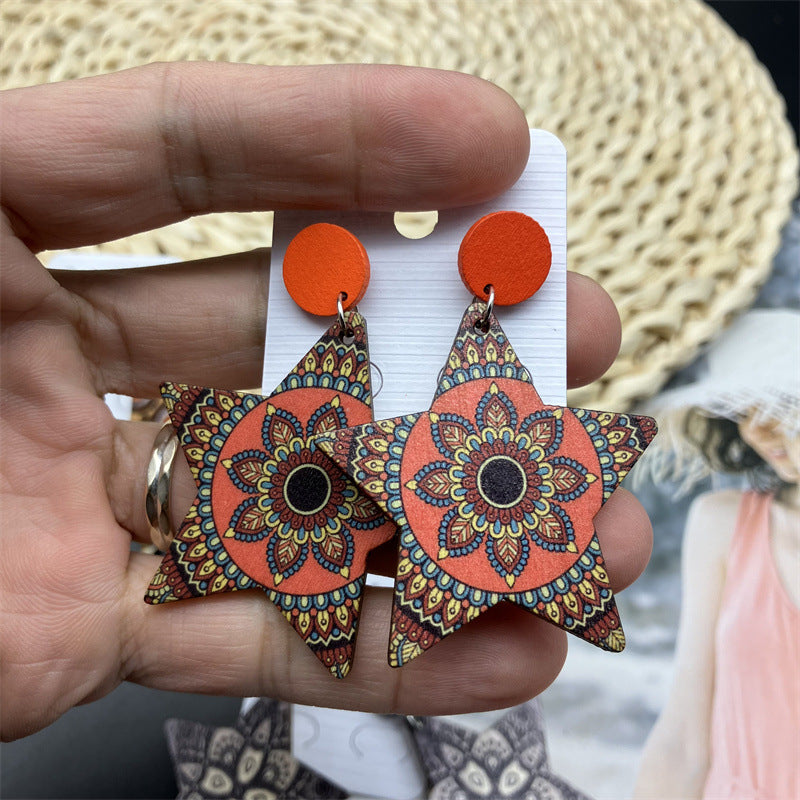 Wholesale Pentagram Vintage Painted Wood Earrings