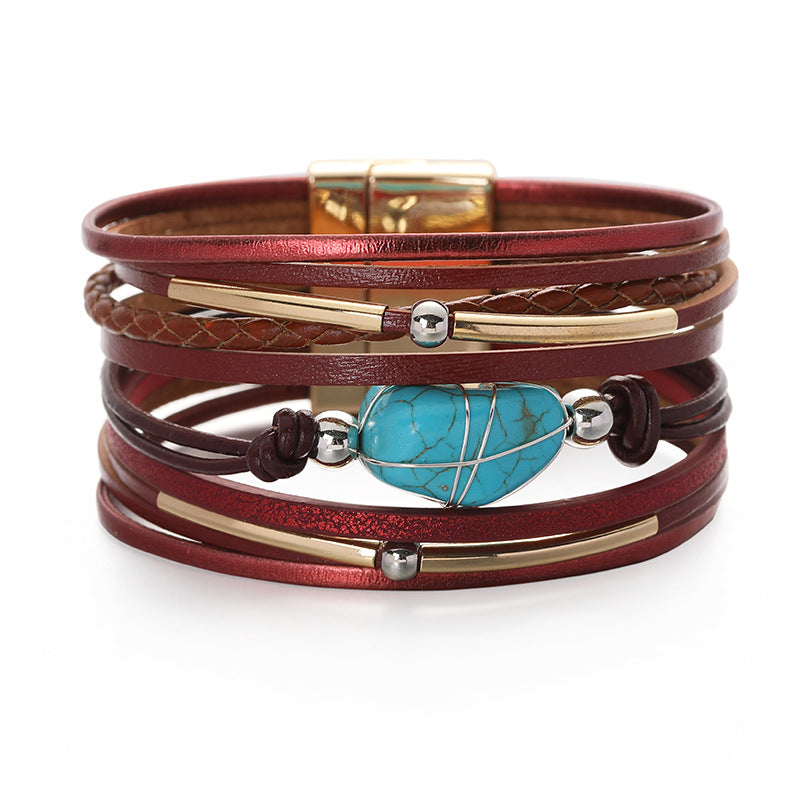 Wholesale Bohemian Multi-layer Leather Turquoise Beads Bracelet