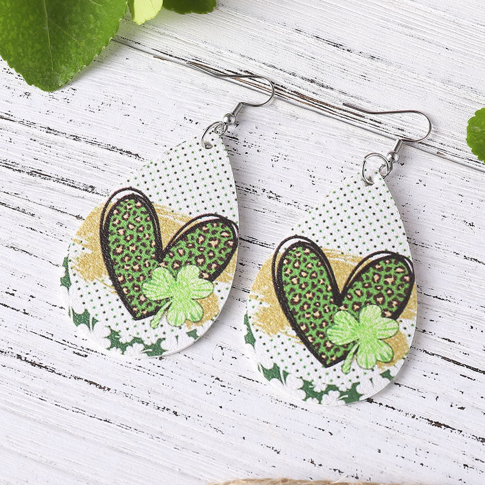 Wholesale Jewelry St. Patrick's Day Water Drops PU Leather Earrings