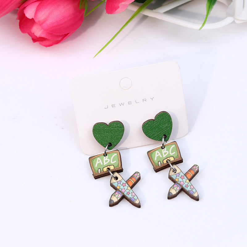 Wholesale Teacher's Day Pen Stripe Heart Wood Ear Studs