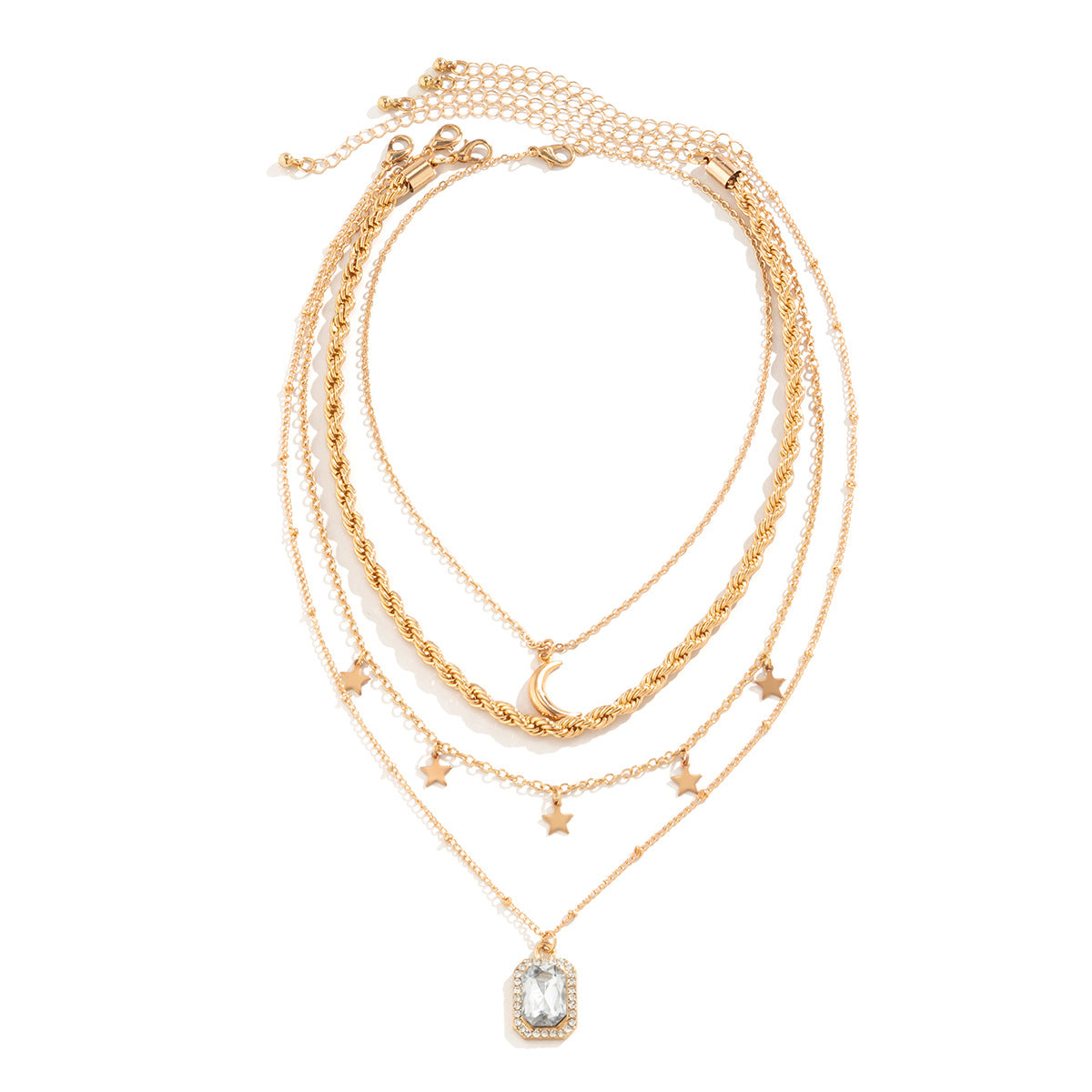 Wholesale Jewelry Alloy Stacked Square Rhinestone Pendant Moon Star Necklace