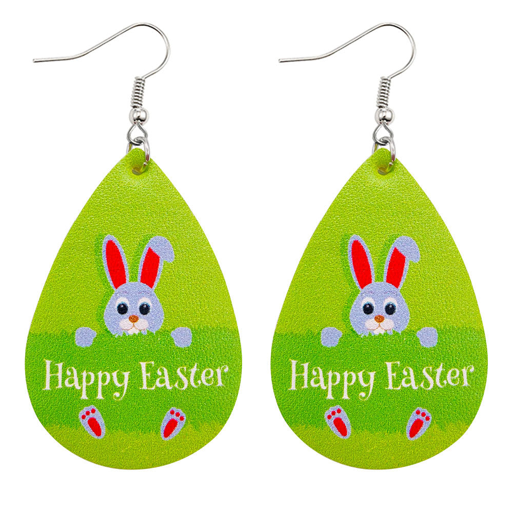Joyas al por mayor Pendientes de piel sintética con estampado reversible de conejito de Pascua