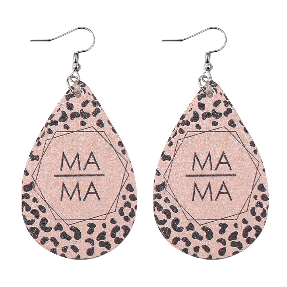 Joyería al por mayor Día de la Madre Leopardo MAMA Carta PU Pendientes de cuero