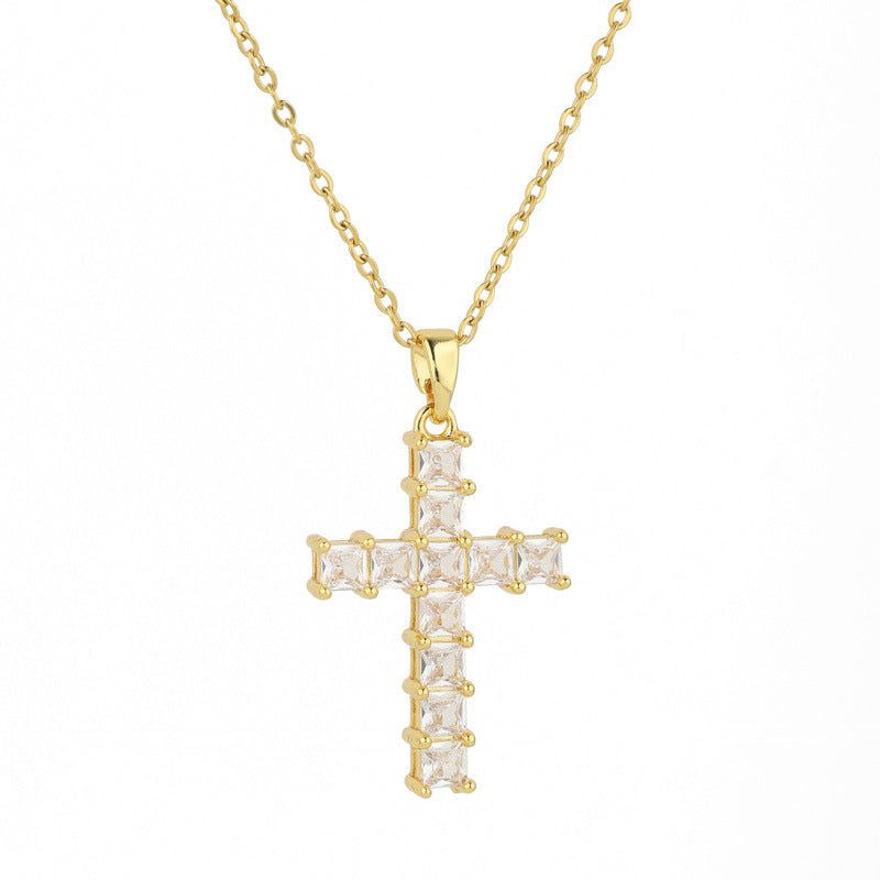 Wholesale Stainless Steel Full Diamond Square Zircon Cross Pendant Necklace