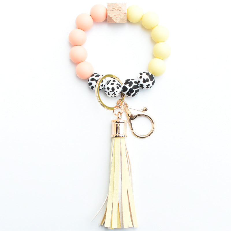 Wholesale Silicone Leopard Pattern Beaded Tassel Wrist Keychain