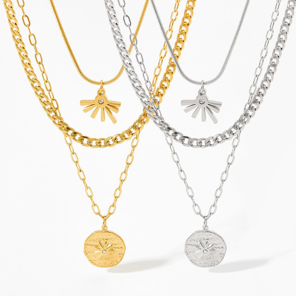 Wholesale Stainless Steel Gold-plated Geometric Medal Sun Flower Pendant Clavicle Necklace