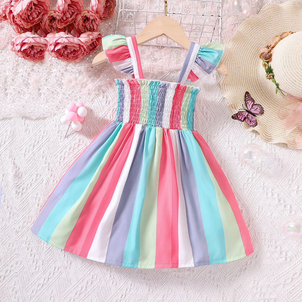 Wholesale Kids Summer Sling Rainbow Stripes Polyester Fiber Baby Clothes