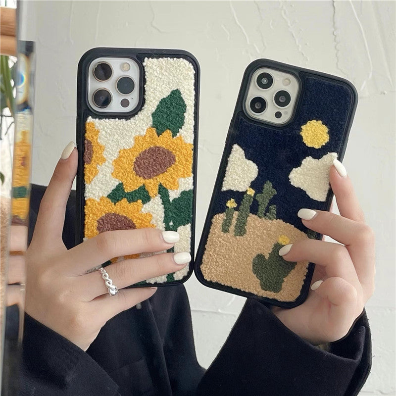Wholesale Illustrated Flowers Plush Phone Case