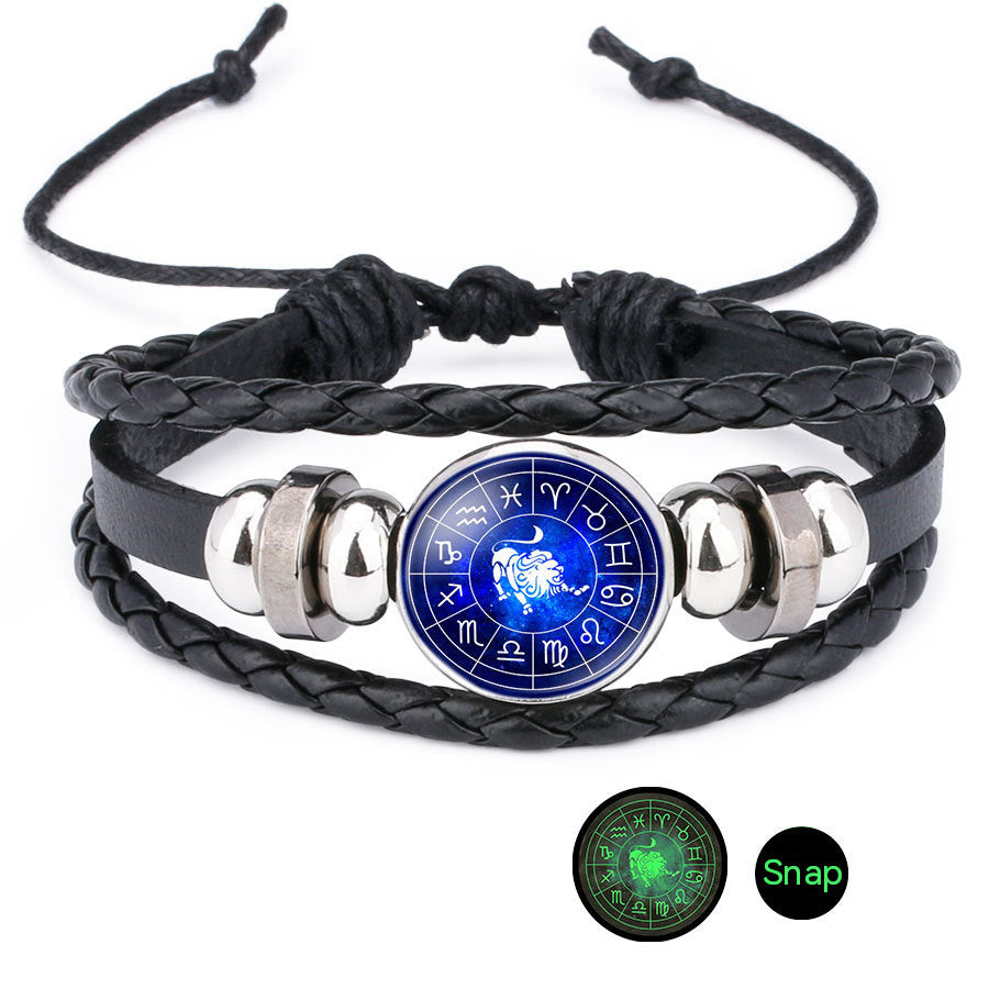Wholesale Luminous 12 Constellation Time Gems Leather Bracelet