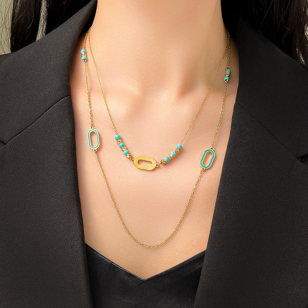 Wholesale Titanium Steel Layered Wear Drop Turquoise Necklace
