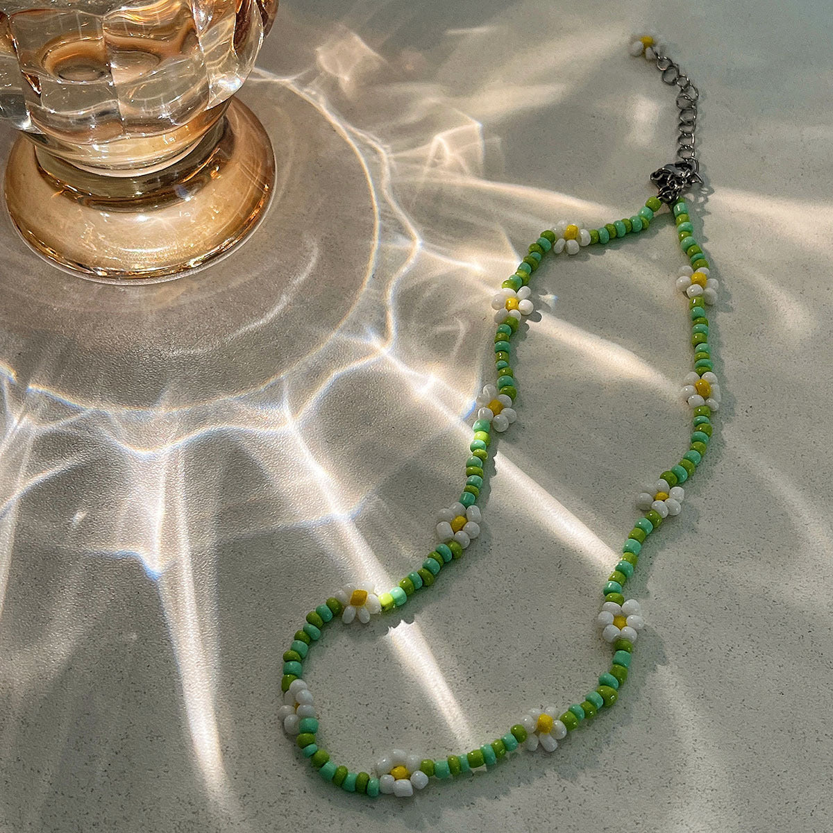 Wholesale Small Fresh Contrasting Flower Rice Bead Necklace