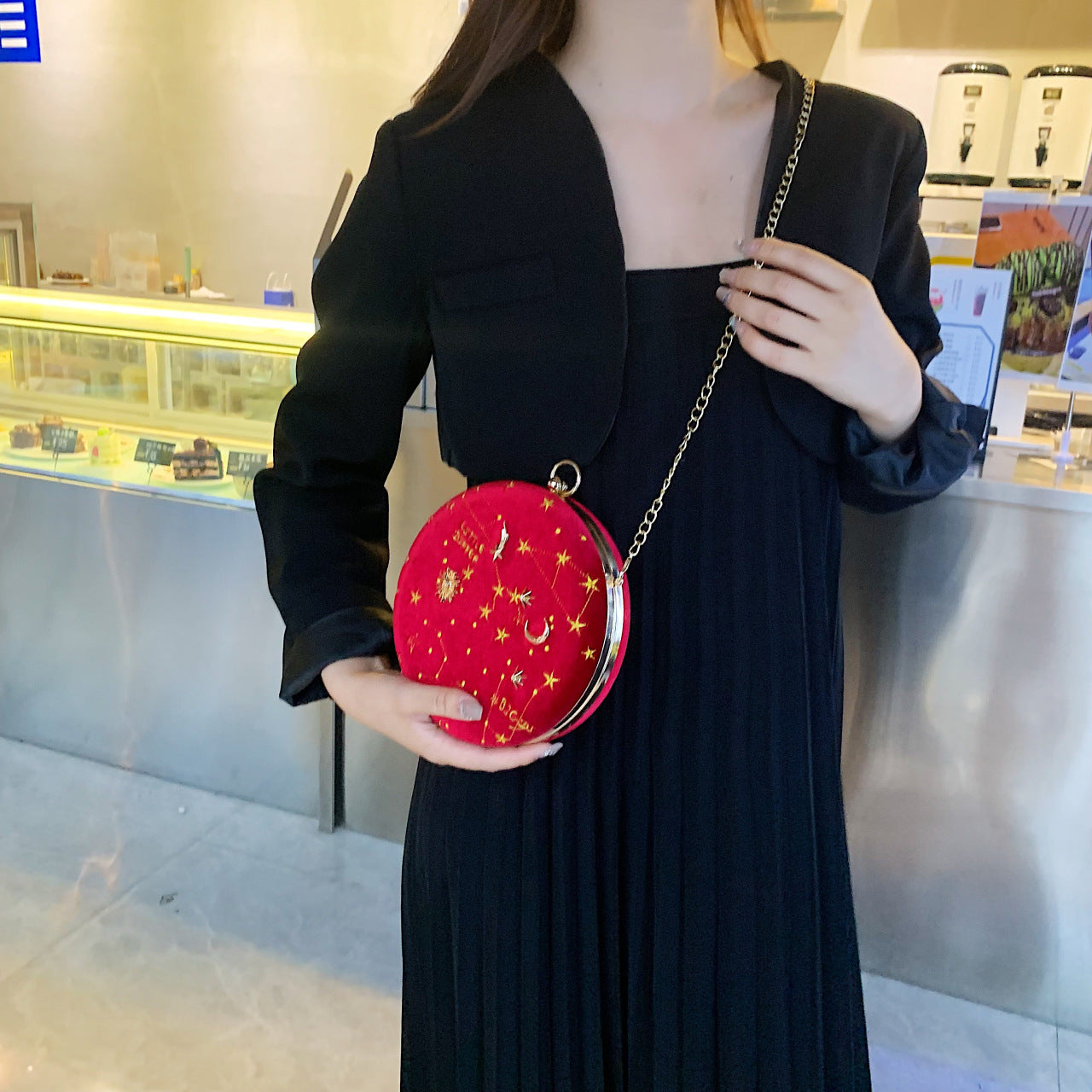 Cadena de hombros de terciopelo al por mayor Messenger pequeño bolso redondo