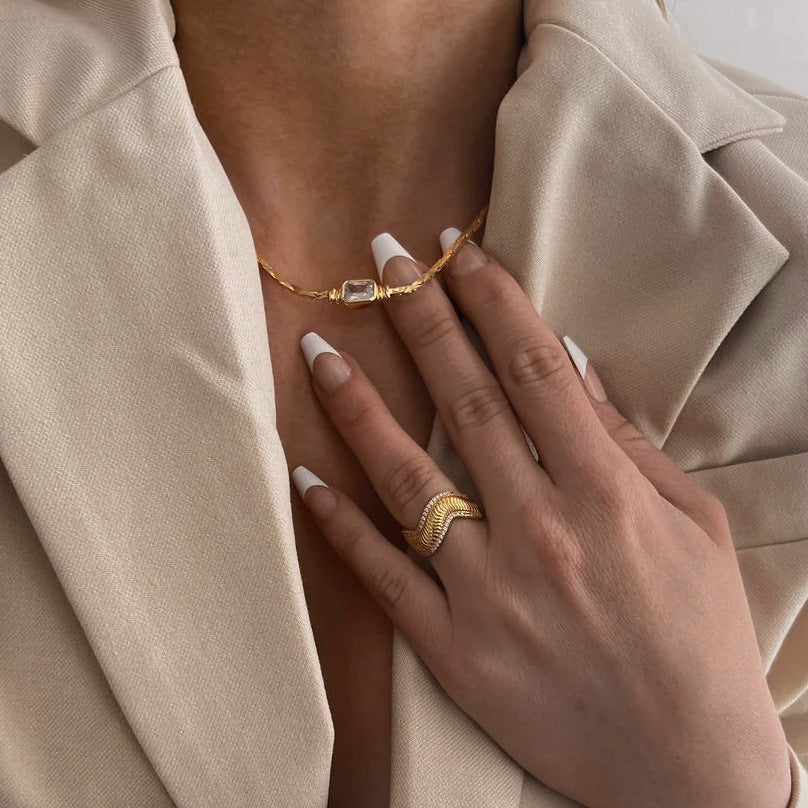 Wholesale 18k Real Gold Plated Titanium Steel Snake Bone Wave Zircon Ring