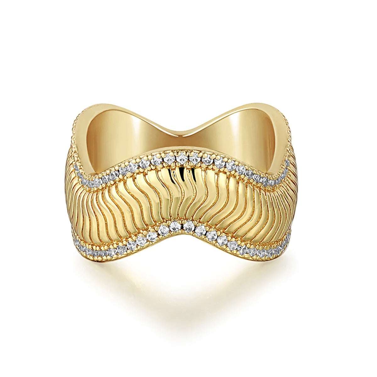 Wholesale 18k Real Gold Plated Titanium Steel Snake Bone Wave Zircon Ring