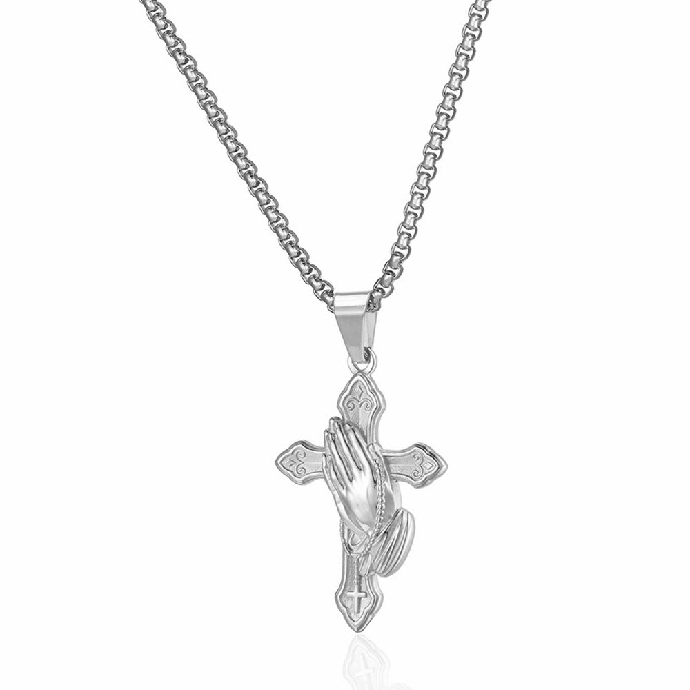 Wholesale Titanium Steel Praying Hands Cross Pendant Necklace