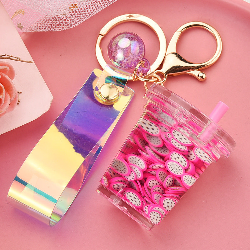 Venta al por mayor, taza de té de la leche acrílica, pieza de fruta de imitación, cuerda de cuero flotante, llavero creativo