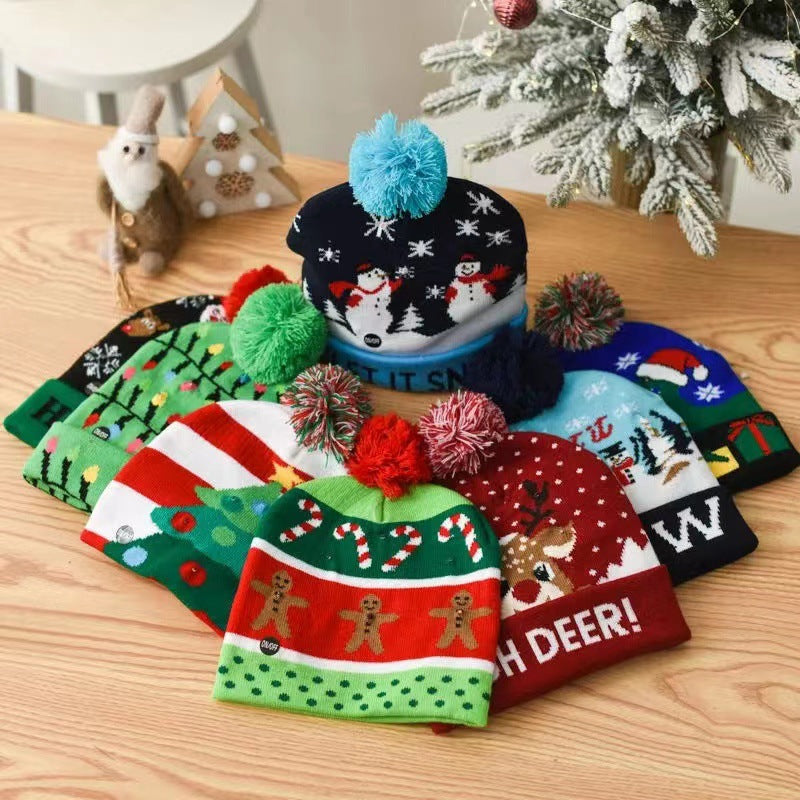 Wholesale Christmas LED Light Knitted Hat Party Warm Adult With Ball Hat