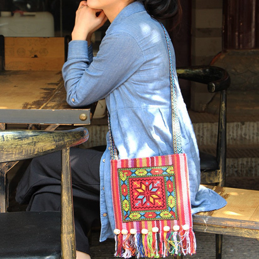 Comercio al por mayor arpillera estilo étnico mexicano hecho a mano borla bordado bandolera
