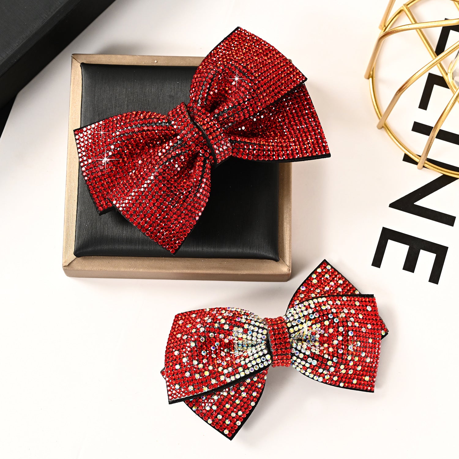 Wholesale 2023 Red Full Diamond Bow Spring Clip Hairpin