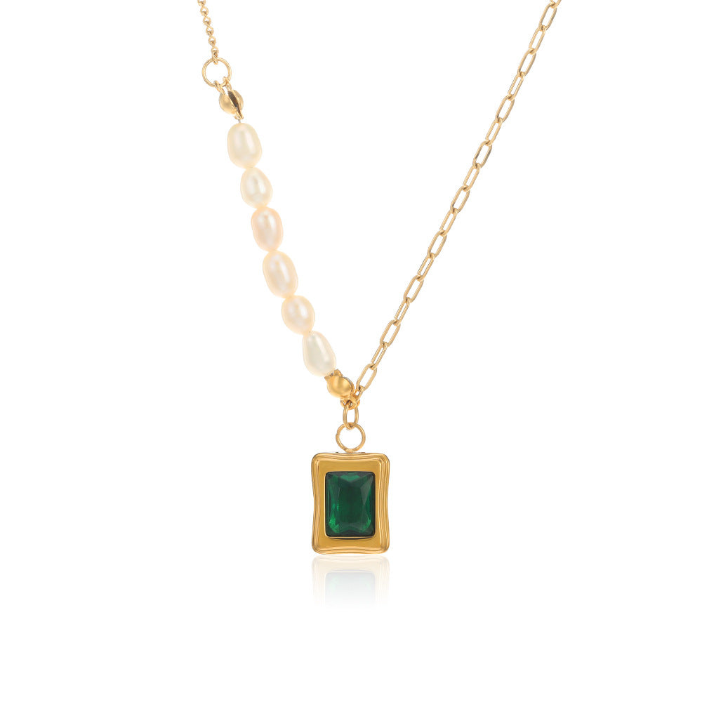 Collar de perlas de acero inoxidable geométrico verde esmeralda al por mayor