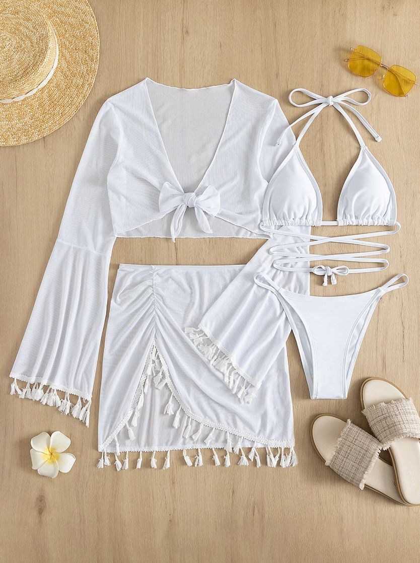 Wholesale Pure Color Fringed Mesh Blouse Short Skirt 4-Piece Set Polyester Swimwear
